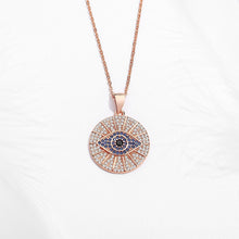 Load image into Gallery viewer, Blue and White Stone Studded Circular Evil Eye Necklace - NecklaceRose Gold18" inches or 45 cm