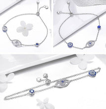 Load image into Gallery viewer, Blue and White Stone Triple Evil Eye Silver Bracelet - Bracelet