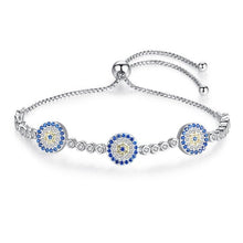 Load image into Gallery viewer, Blue and White Stone Triple Evil Eyes Silver Bracelet - BraceletSilver