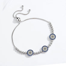 Load image into Gallery viewer, Blue and White Stone Triple Evil Eyes Silver Bracelet - BraceletRose Gold