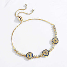 Load image into Gallery viewer, Blue and White Stone Triple Evil Eyes Silver Bracelet - BraceletRose Gold
