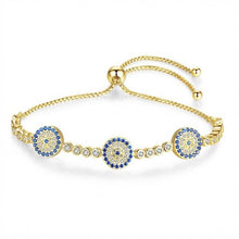 Load image into Gallery viewer, Blue and White Stone Triple Evil Eyes Silver Bracelet - BraceletGold