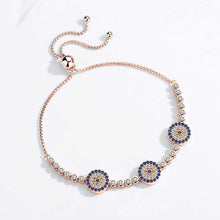 Load image into Gallery viewer, Blue and White Stone Triple Evil Eyes Silver Bracelet - BraceletRose Gold