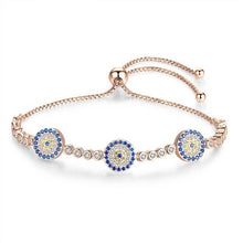 Load image into Gallery viewer, Blue and White Stone Triple Evil Eyes Silver Bracelet - BraceletRose Gold