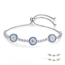 Load image into Gallery viewer, Blue and White Stone Triple Evil Eyes Silver Bracelet - BraceletSilver