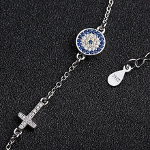 Load image into Gallery viewer, Blue and White Stones Evil Eye with Holy Cross Silver Bracelet - Bracelet