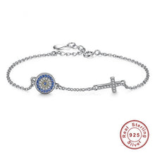 Load image into Gallery viewer, Blue and White Stones Evil Eye with Holy Cross Silver Bracelet - Bracelet