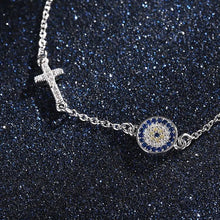 Load image into Gallery viewer, Blue and White Stones Evil Eye with Holy Cross Silver Bracelet - Bracelet