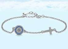 Load image into Gallery viewer, Blue and White Stones Evil Eye with Holy Cross Silver Bracelet - Bracelet