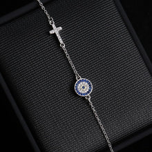 Load image into Gallery viewer, Blue and White Stones Evil Eye with Holy Cross Silver Bracelet - Bracelet
