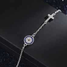 Load image into Gallery viewer, Blue and White Stones Evil Eye with Holy Cross Silver Bracelet - Bracelet
