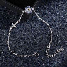 Load image into Gallery viewer, Blue and White Stones Evil Eye with Holy Cross Silver Bracelet - Bracelet