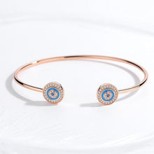 Load image into Gallery viewer, Blue Enamel and White Stone Dual Evil Eye Open Cuff Silver Bracelet - BraceletRose Gold