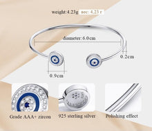 Load image into Gallery viewer, Blue Enamel and White Stone Dual Evil Eye Open Cuff Silver Bracelet - BraceletRose Gold