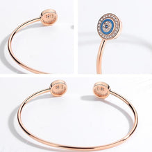Load image into Gallery viewer, Blue Enamel and White Stone Dual Evil Eye Open Cuff Silver Bracelet - BraceletRose Gold