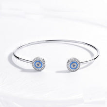 Load image into Gallery viewer, Blue Enamel and White Stone Dual Evil Eye Open Cuff Silver Bracelet - BraceletSilver