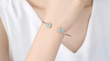Load image into Gallery viewer, Blue Enamel and White Stone Dual Evil Eye Open Cuff Silver Bracelet - BraceletRose Gold