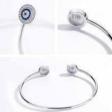 Load image into Gallery viewer, Blue Enamel and White Stone Dual Evil Eye Open Cuff Silver Bracelet - BraceletRose Gold