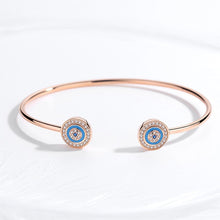 Load image into Gallery viewer, Blue Enamel and White Stone Dual Evil Eye Open Cuff Silver Bracelet - BraceletRose Gold
