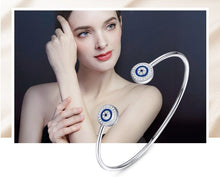 Load image into Gallery viewer, Blue Enamel and White Stone Dual Evil Eye Open Cuff Silver Bracelet - BraceletRose Gold