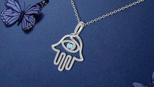 Load image into Gallery viewer, Blue Stone Evil Eye in Hamsa Hand Silver Pendant and Necklace - NecklacePendant and Chain