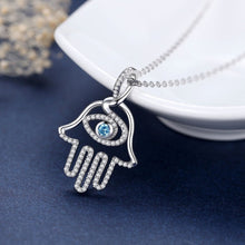 Load image into Gallery viewer, Blue Stone Evil Eye in Hamsa Hand Silver Pendant and Necklace - NecklacePendant and Chain