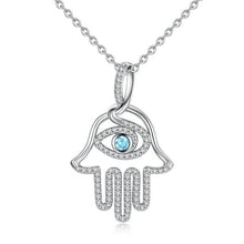 Load image into Gallery viewer, Blue Stone Evil Eye in Hamsa Hand Silver Pendant and Necklace - NecklacePendant and Chain