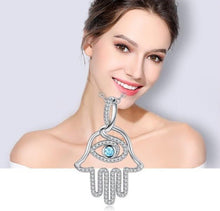 Load image into Gallery viewer, Blue Stone Evil Eye in Hamsa Hand Silver Pendant and Necklace - NecklacePendant and Chain