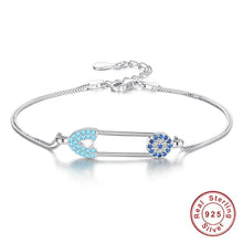 Load image into Gallery viewer, Blue Stone Safety Pin Evil Eye Silver Bracelet - Bracelet