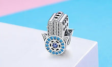 Load image into Gallery viewer, Blue Stone Star Design Hamsa Hand Silver Charm Bead - Charm Bead