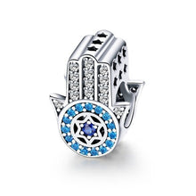 Load image into Gallery viewer, Blue Stone Star Design Hamsa Hand Silver Charm Bead - Charm Bead