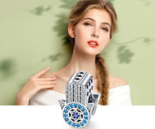 Load image into Gallery viewer, Blue Stone Star Design Hamsa Hand Silver Charm Bead - Charm Bead