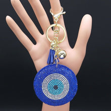 Load image into Gallery viewer, Blue Stone Studded Evil Eye and Hamsa Hand Keychain - KeychainBlue