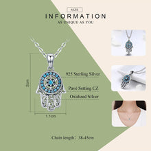 Load image into Gallery viewer, Blue Stone Studded Hamsa Hand Evil Eye Silver Necklace - Necklace