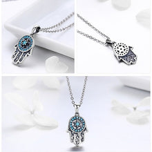 Load image into Gallery viewer, Blue Stone Studded Hamsa Hand Evil Eye Silver Necklace - Necklace