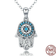 Load image into Gallery viewer, Blue Stone Studded Hamsa Hand Evil Eye Silver Necklace - Necklace