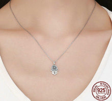 Load image into Gallery viewer, Blue Stone Studded Hamsa Hand Evil Eye Silver Necklace - Necklace
