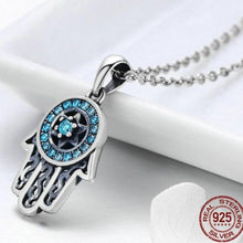 Load image into Gallery viewer, Blue Stone Studded Hamsa Hand Evil Eye Silver Necklace - Necklace