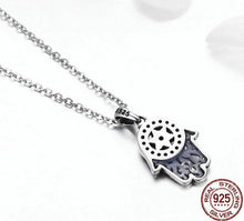 Load image into Gallery viewer, Blue Stone Studded Hamsa Hand Evil Eye Silver Necklace - Necklace
