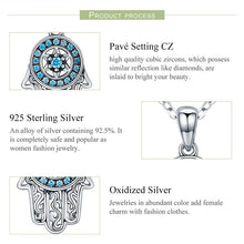Load image into Gallery viewer, Blue Stone Studded Hamsa Hand Evil Eye Silver Necklace - Necklace