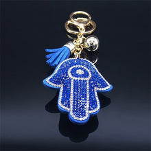 Load image into Gallery viewer, Blue Stone Studded Hamsa Hand with Evil Eye Keychain - Keychain