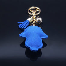 Load image into Gallery viewer, Blue Stone Studded Hamsa Hand with Evil Eye Keychain - Keychain