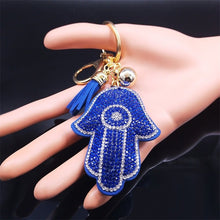 Load image into Gallery viewer, Blue Stone Studded Hamsa Hand with Evil Eye Keychain - Keychain