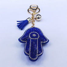 Load image into Gallery viewer, Blue Stone Studded Hamsa Hand with Evil Eye Keychain - Keychain
