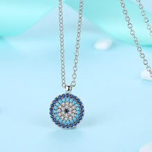 Load image into Gallery viewer, Circular Blue and White Stone Evil Eye Silver Necklace - Necklace