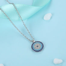 Load image into Gallery viewer, Circular Blue and White Stone Evil Eye Silver Necklace - Necklace