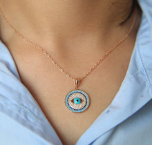 Load image into Gallery viewer, Circular Blue and White Stone Eye-Design Evil Eye Silver Necklaces - NecklaceRose Gold
