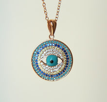 Load image into Gallery viewer, Circular Blue and White Stone Eye-Design Evil Eye Silver Necklaces - NecklaceRose Gold