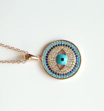 Load image into Gallery viewer, Circular Blue and White Stone Eye-Design Evil Eye Silver Necklaces - NecklaceRose Gold