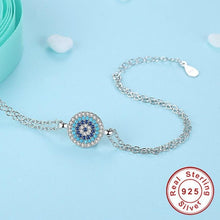 Load image into Gallery viewer, Circular Blue Stones Evil Eye Double Silver Chain Bracelet - Bracelet